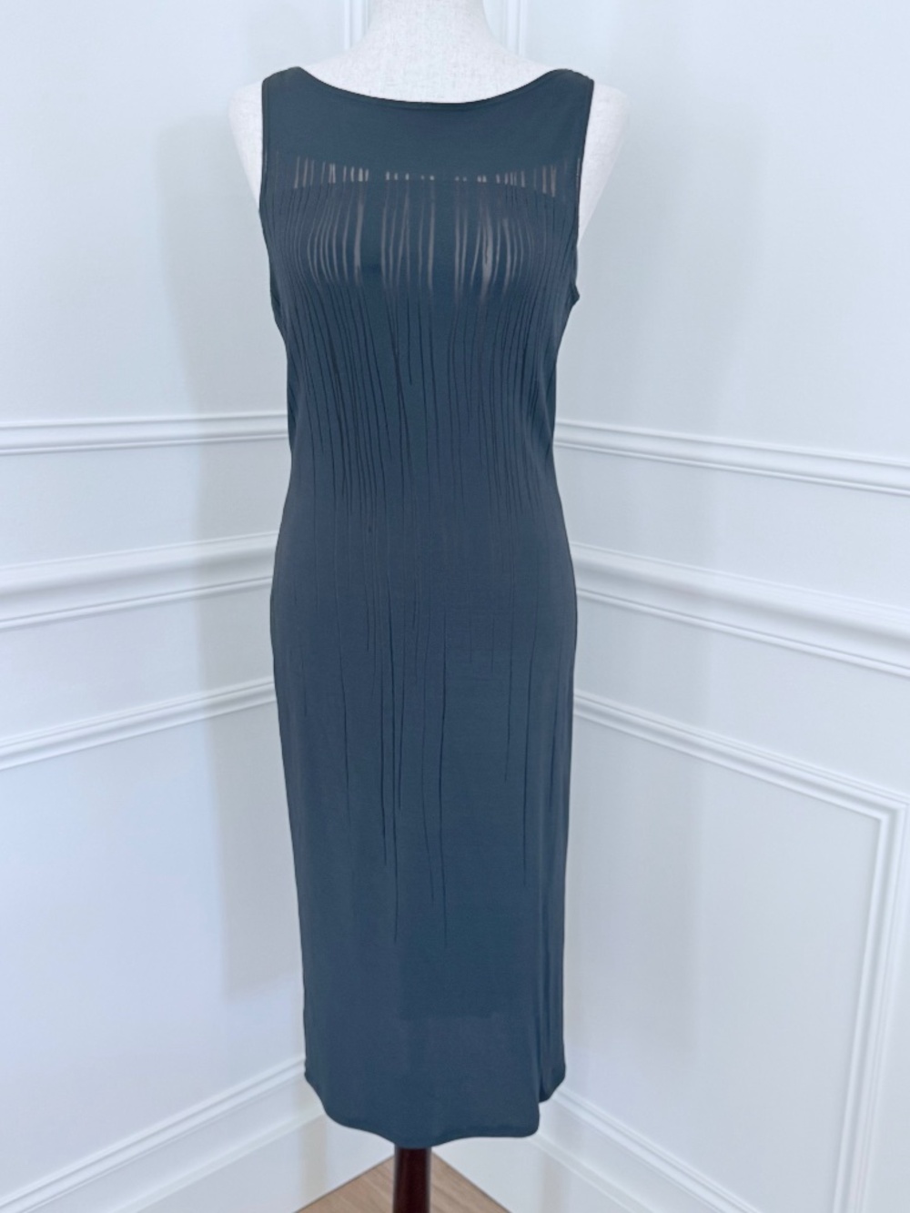 Donna Karan New York Sleeveless Dress in Slate Grey with Sheer Detail